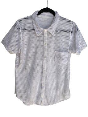 Modus Vivendi White Mesh See-Through Net Trap Button Down Shirt Club Retro-L